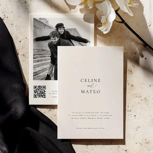 CELINE Minimalist Wedding Invite w/ RSVP QR Code Kaart