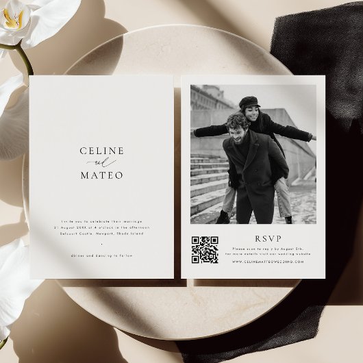 CELINE Minimalist Wedding Invite w/ RSVP QR Code Kaart