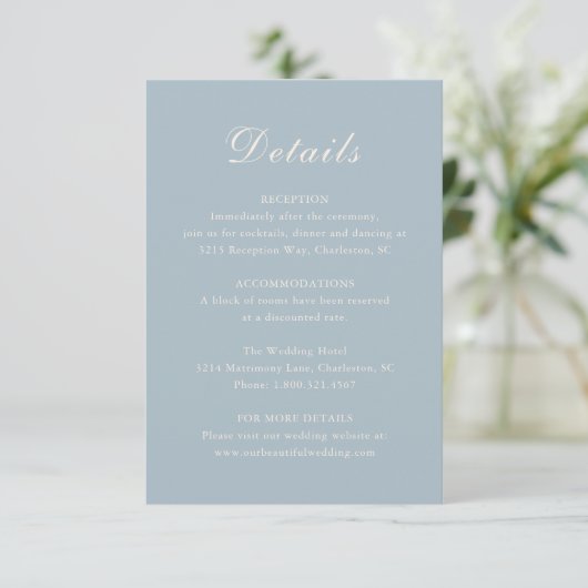 Celine Muted Blue Elegant Wedding Informatiekaartje (Staand voorkant)