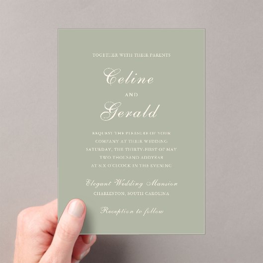 Celine Muted Green Elegant Wedding Acryl Uitnodigingen (Insitu (Draagbaar))