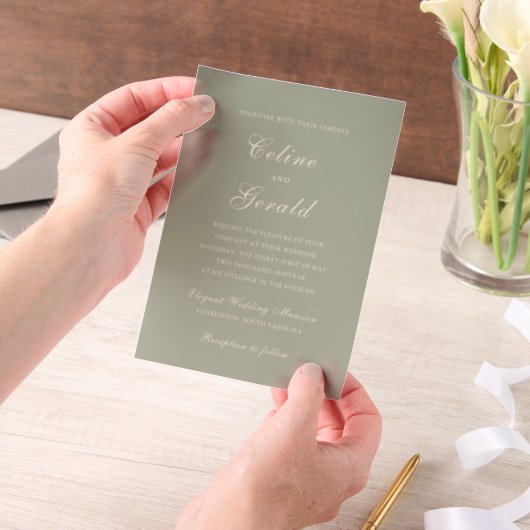 Celine Muted Green Elegant Wedding Vellum Uitnodigingen (Draagbaar)