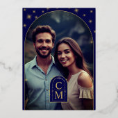 Celine · Night Sky Arched Verloving Foto Goud Folie Uitnodiging (Achterkant)