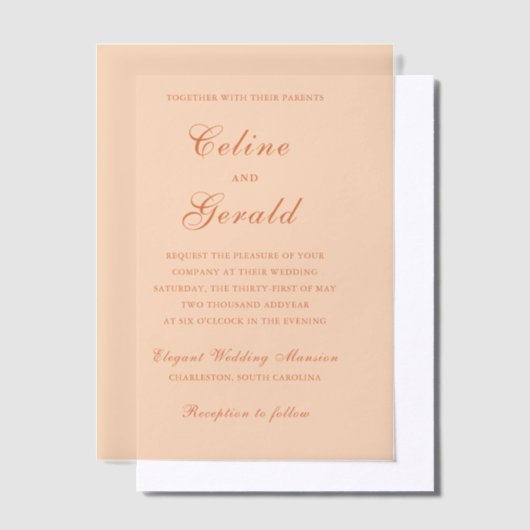 Celine Peach Elegant Wedding Vellum Uitnodigingen (Offset)