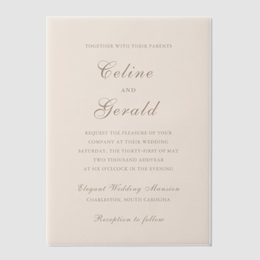 Celine Sandy Neutrals Elegant Wedding Vellum Uitnodigingen (Voorkant)