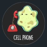 Cell Phone Funny Biology Science Pun Dark BG Ronde Sticker<br><div class="desc">Cell Phone Funny Biology Science Pun heeft een schattige, eenzame cel die een telefoon gebruikt. Funny Pun cadeau voor familie en vrienden die van biologie houden, mobiele telefoons en puns.</div>