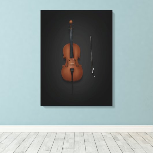 Cello & Bow Side-by-side op 18x24 Black Canvas Afdruk (Insitu (Houten vloer))