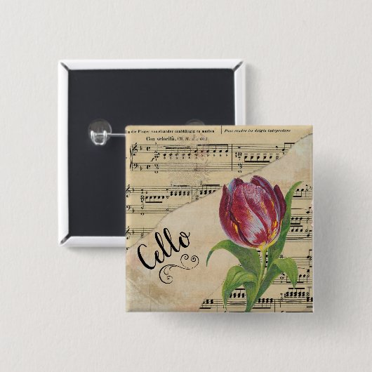 Cello Elegant Tulip  Sheet Music Vierkante Button 5,1 Cm (Voorkant /achterkant)