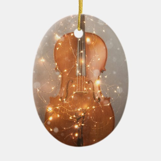 Cello met kerstverlichting, keramisch versieringsm ornament (Voorkant)