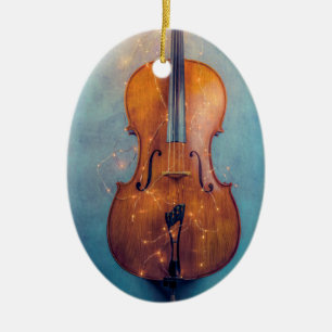 Cello met lichte kerstversiering keramisch ornament