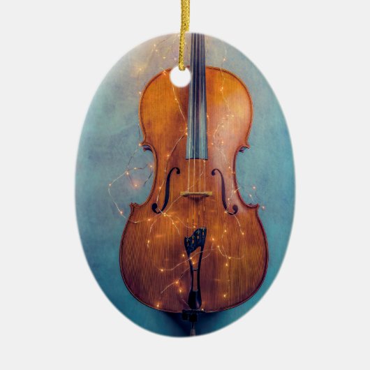 Cello met lichte kerstversiering keramisch ornament (Voorkant)