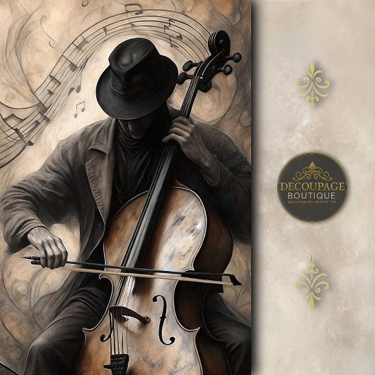 Cello Player in Shadow w/ Musical Notes Decoupage Tissuepapier