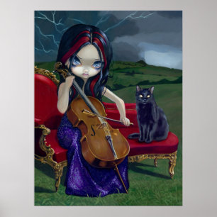 Cello Storm Art Afdrukken zwarte kattengothische m Poster