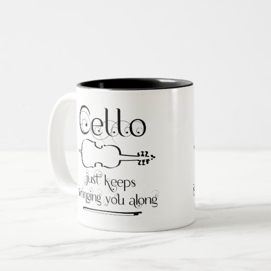 cello string langs tweekleurige koffiemok (Voorkant links)