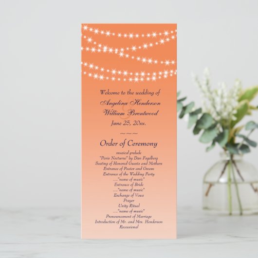 Celosia Oranje Twinkle Lights Wedding Program Programmakaart (Staand voorkant)