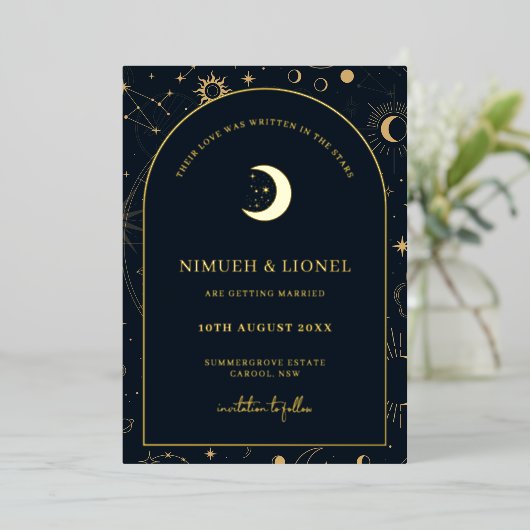 Celsius Schriftelijk in de sterren Sparen de Datum Folie Uitnodiging (Staand Voorkant)