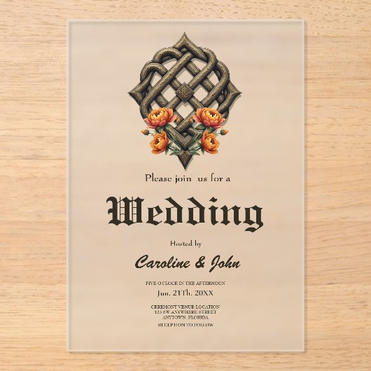 Celtic art and floral splendor in warm tones acryl uitnodigingen (Voorkant)