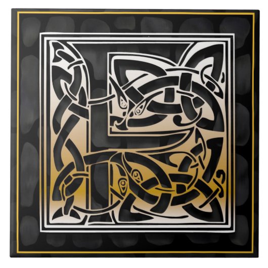 Celtic Black Stone F Monogram Initiaal Tegel Tegeltje (Voorkant)