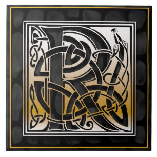 Celtic Black Stone R Monogram Initiaal Tile Tegeltje