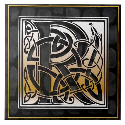 Celtic Black Stone R Monogram Initiaal Tile Tegeltje (Voorkant)