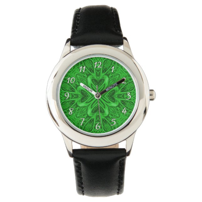 Celtic Clover  Green Fractal Kaleidoscope Horloge (Voorkant)