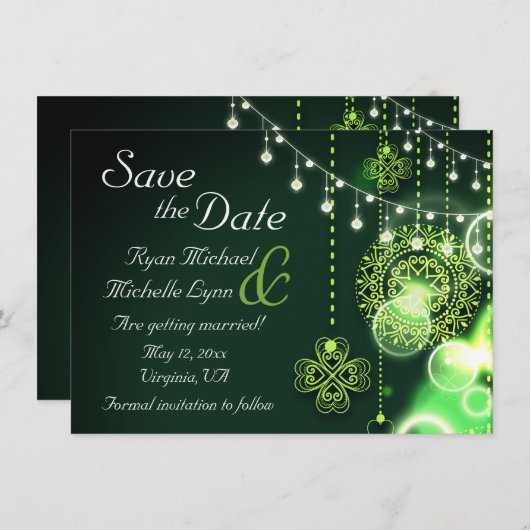 Celtic Clovers and String Lights Irish Wedding Save The Date (Voorkant / Achterkant)