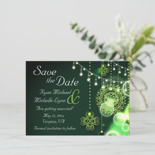 Celtic Clovers and String Lights Irish Wedding Save The Date (Staand voorkant)