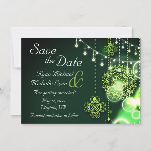 Celtic Clovers and String Lights Irish Wedding Save The Date (Voorkant)