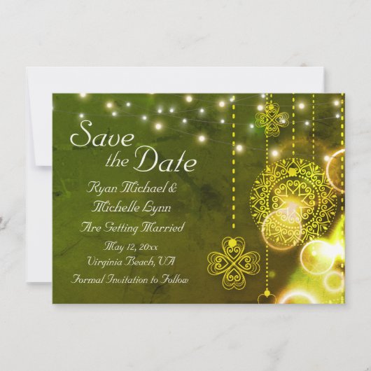 Celtic Clovers and String Lights Irish Wedding Save The Date (Voorkant)