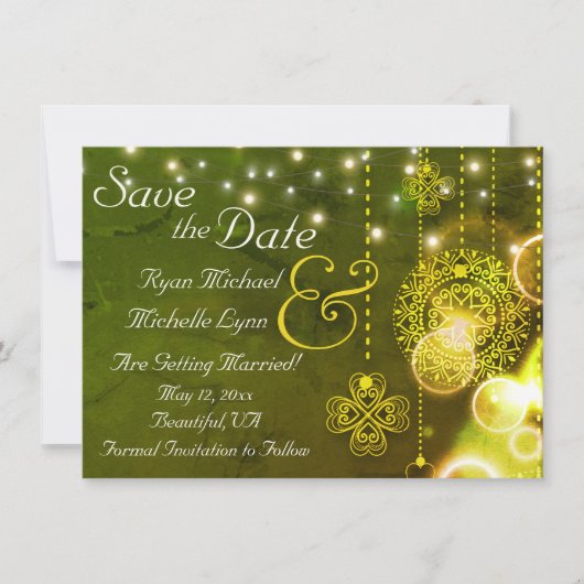 Celtic Clovers and String Lights Irish Wedding Save The Date (Voorkant)