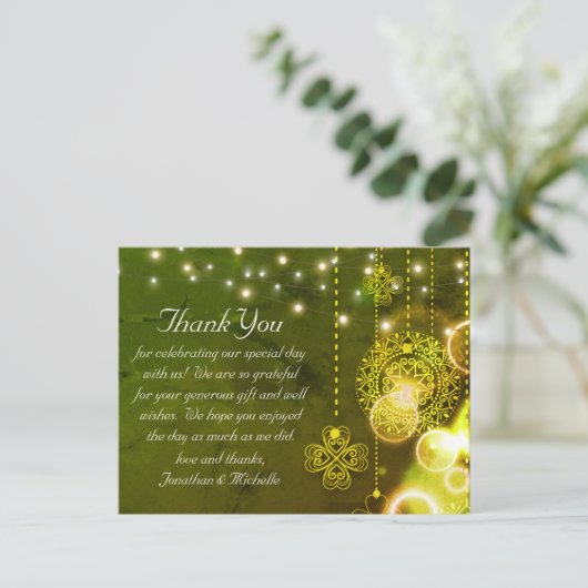 Celtic Clovers and String Lights Wedding Dank u Briefkaart (Staand voorkant)