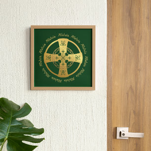 Celtic Cross Alleluia Gold op Green Print