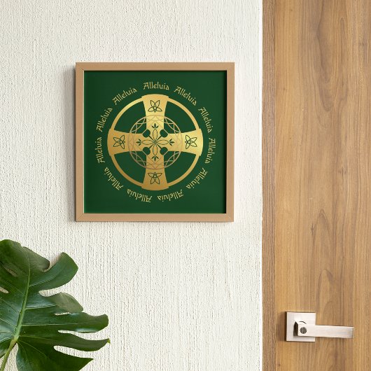 Celtic Cross Alleluia Gold op Green Print