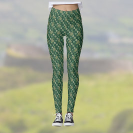 Celtic Cross and Irish Clover Green Vintage Look Leggings