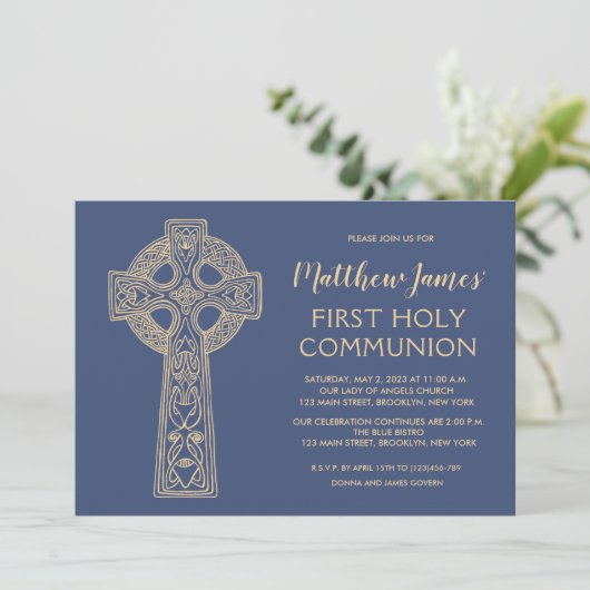 Celtic Cross First Community Invitation for Boys Kaart (Staand voorkant)