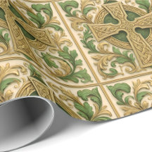 Celtic Cross Green Gold Carved Look Wrapping Paper