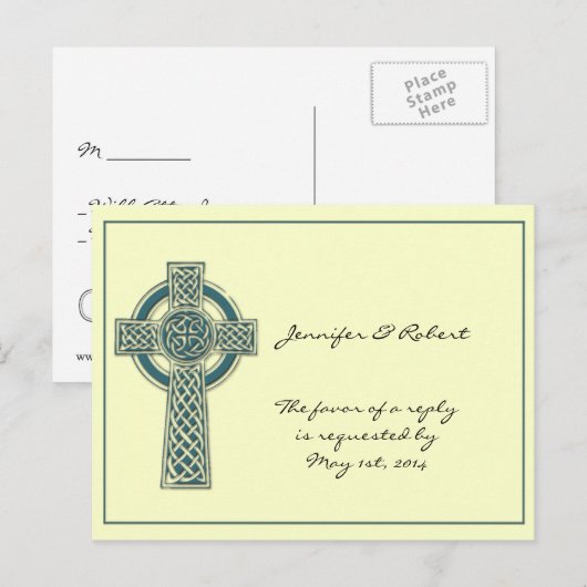 Celtic Cross in Blauwgroen Ivoor RSVP-Briefkaart Uitnodiging Briefkaart (Voorkant / Achterkant)