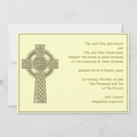 Celtic Cross in Gold Ivory Wedding Invitation Kaart (Voorkant)