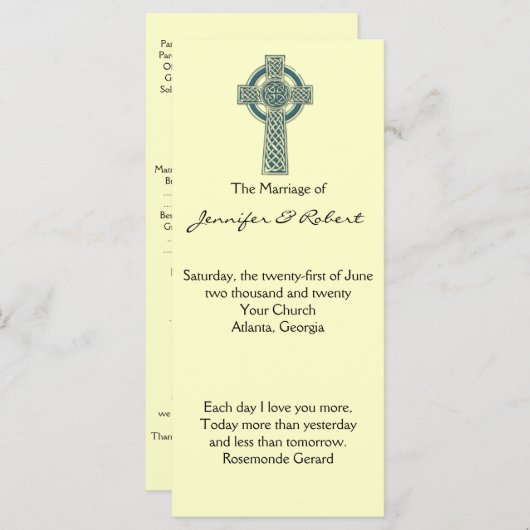 Celtic Cross in het Blauwgroen en ivoren huwelijks Programmakaart (Voorkant / Achterkant)