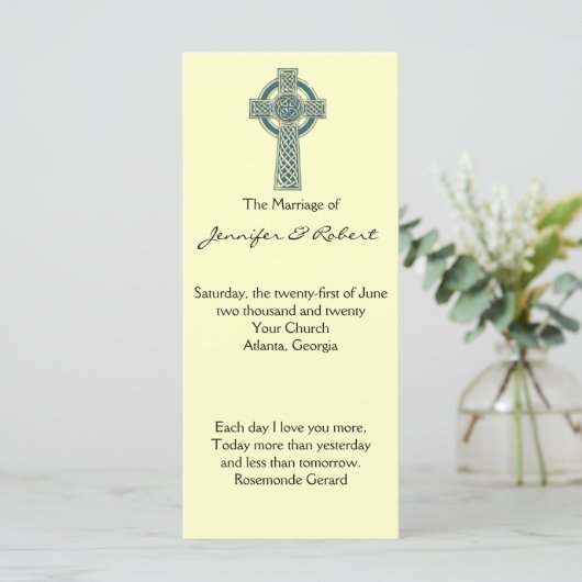 Celtic Cross in het Blauwgroen en ivoren huwelijks Programmakaart (Staand voorkant)