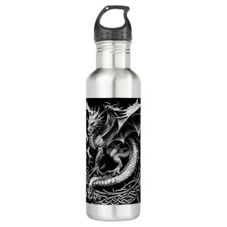 Celtic Dragon Elegance: Zwart & Grijs Abstract Tat Waterfles