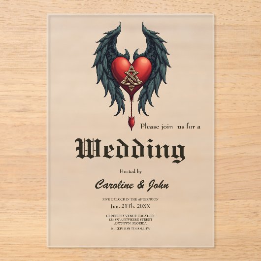 Celtic elegance with a heart and wings. acryl uitnodigingen (Voorkant)