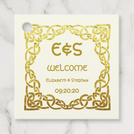 Celtic Faux Gold Knot on Ivory Wedding Welcome Bedankjes Labels (Voorkant)