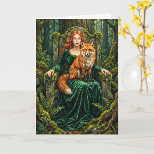 Celtic Forest Queen Red Fox Witch Fantasy Art ( Kaart (Gele Bloem)