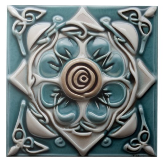 Celtic Geïnspireerd Blauwgroen Groene en Witte Roz Tegeltje (Voorkant)
