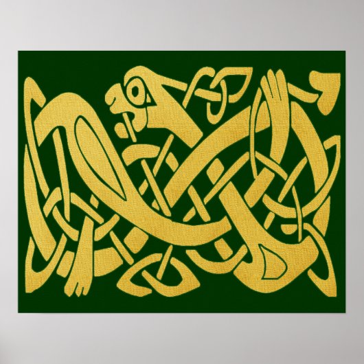 Celtic Golden Snake op donkergroen Poster (Voorkant)