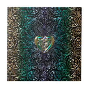 Celtic Heart Mandala in Green and Gold Original Tegeltje