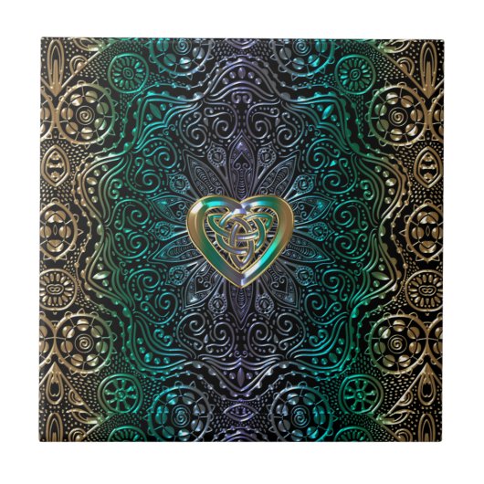 Celtic Heart Mandala in Green and Gold Original Tegeltje (Voorkant)