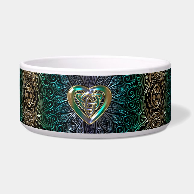 Celtic Heart Mandala in Green and Gold Original Voerbakje (Voorkant)