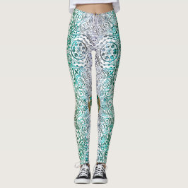 Celtic Heart Mandala in Green Gold Leggings