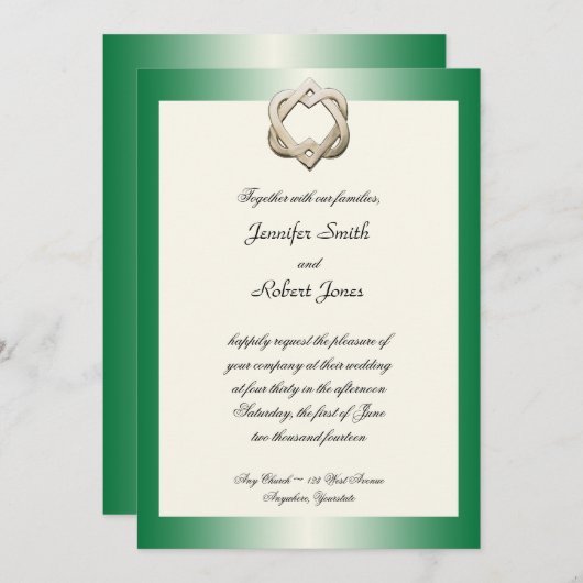 Celtic Hearts on Green Gradient Wedding Invitation Kaart (Voorkant / Achterkant)